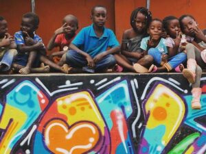 Kids sit together in front of a colorful mural.