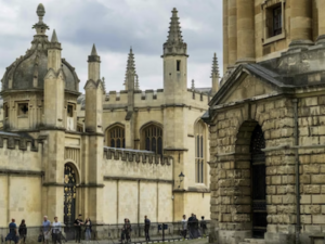 People walk on the Oxford University campus.